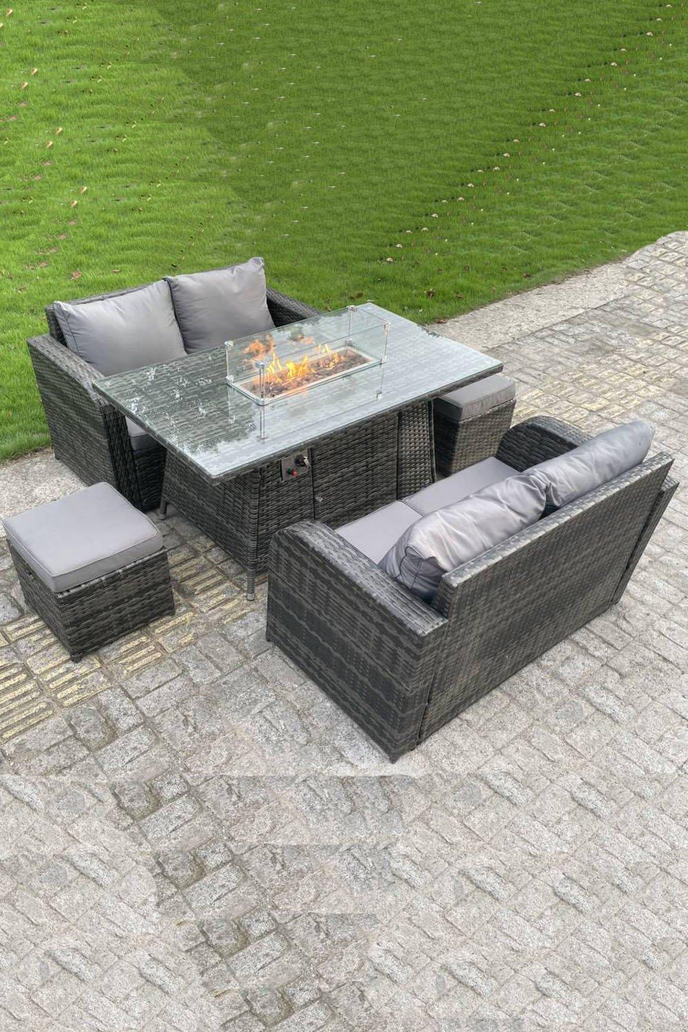 Garden Furniture Sofa Set Dining Table Gas Fire Pit Table Two Seater Double Love Sofa Footstools 6 S